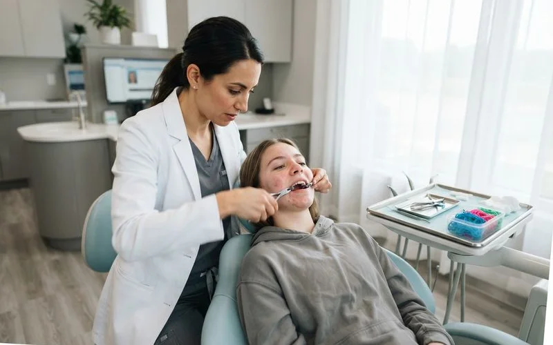 A dental technician fitting orthodontic brackets during a braces consultation