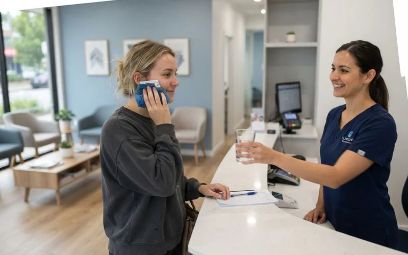 A cold compress being held against a cheek for pain relief before a dental visit