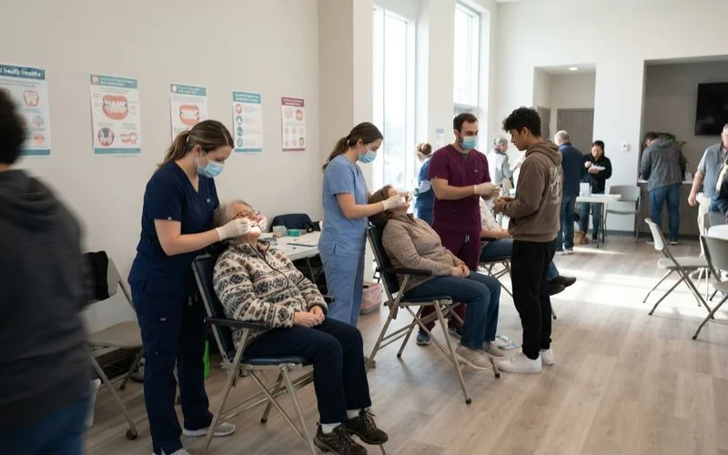 A community health outreach event with a dental screening station set up