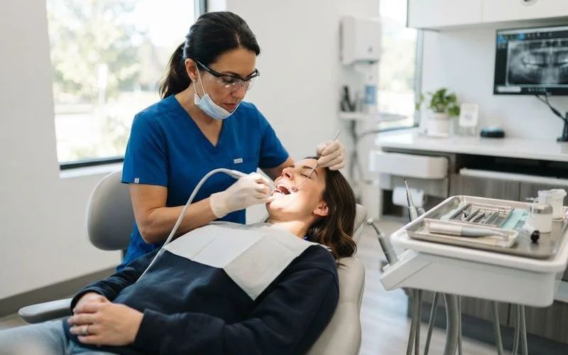 Close-up of a dental scaler being used gently along the gumline during a routine cleaning
