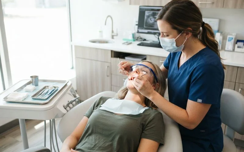 A dentist examining a patient's gums with a dental mirror during a check-up