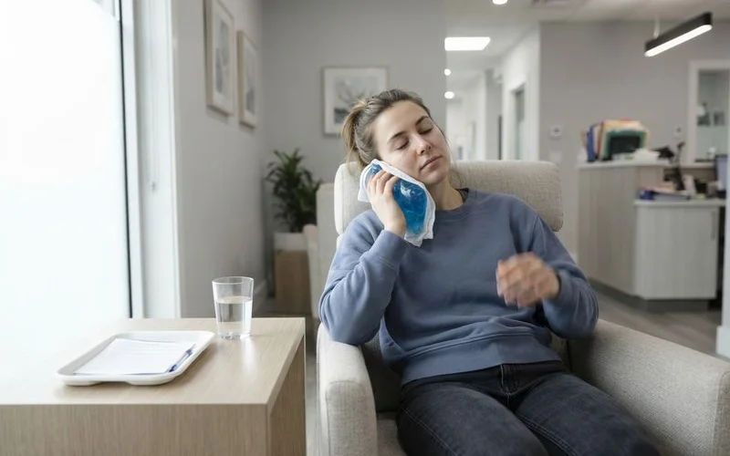 Ice pack being applied to the cheek to manage swelling after a dental extraction