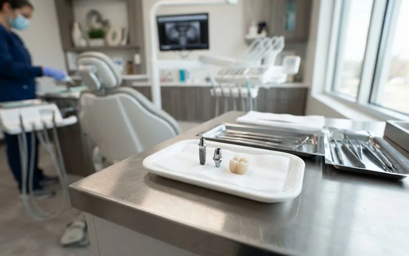 A dental implant model showing the post, abutment and crown components