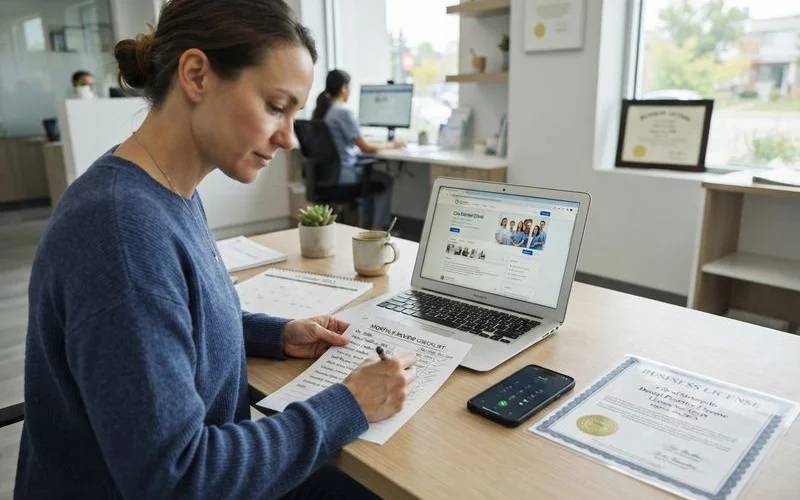 Close-up of a printed monthly verification checklist next to a dental clinic listing profile being reviewed by an editor