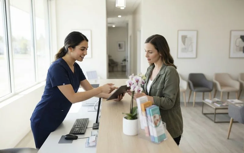 A patient filling out a new patient intake form at a dental clinic reception