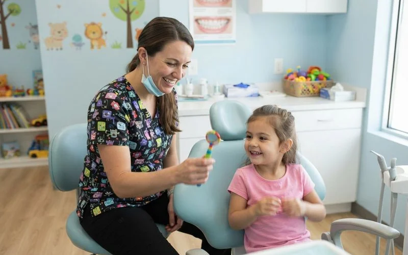 A pediatric dentist showing a young child a dental tool before using it, at eye level in a friendly clinic setting