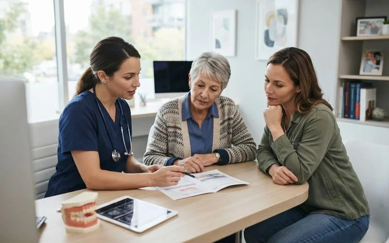 An elderly patient and a dentist reviewing a treatment plan together in a calm, well-lit clinic setting