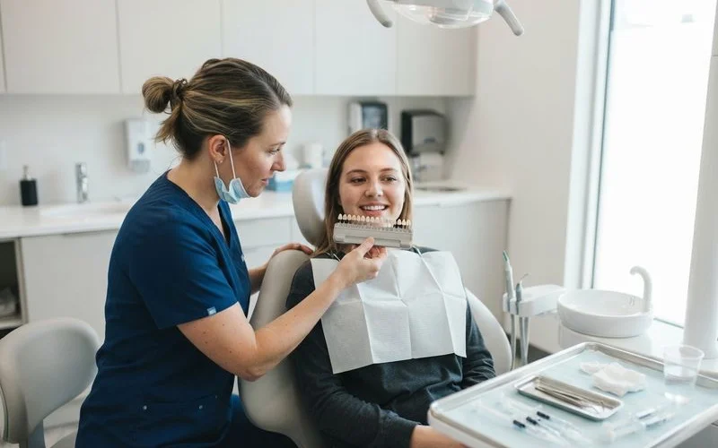 A dentist reviewing a shade guide against a patient's teeth before a whitening treatment in a bright, clean clinic