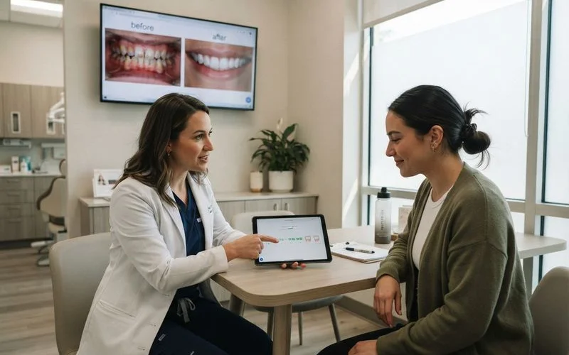 A dentist and patient discussing a treatment plan and timeline for a smile makeover